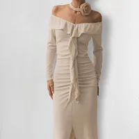 Women's Trumpet Dress Vacation Simple Style Boat Neck Ruffles Long Sleeve Solid Color Maxi Long Dress Holiday main image 5
