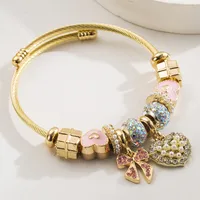 Simple Style Classic Style Commute Heart Shape Bow Knot Alloy Beaded Inlay Rhinestones Pearl Beads K Gold Plated Women's Bangle main image 7