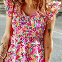 Women's Floral Dress Casual Vacation V Neck Ruffles Short Sleeve Flower Above Knee Holiday Daily main image 2