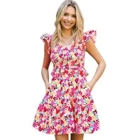Women's Floral Dress Casual Vacation V Neck Ruffles Short Sleeve Flower Above Knee Holiday Daily sku image 2