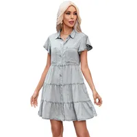 Women's Denim Dress Elegant Turndown Pocket Short Sleeve Solid Color Above Knee Daily sku image 1
