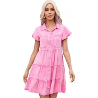 Women's Denim Dress Elegant Turndown Pocket Short Sleeve Solid Color Above Knee Daily sku image 5