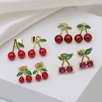 1 Pair IG Style Cherry Enamel Inlay Copper Zircon Ear Studs main image 1