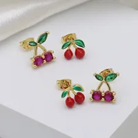 1 Pair IG Style Cherry Enamel Inlay Copper Zircon Ear Studs main image 5