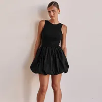 Women's Bud Skirt Casual Elegant Streetwear Round Neck Pleated Sleeveless Solid Color Above Knee Holiday Daily Selfie sku image 9