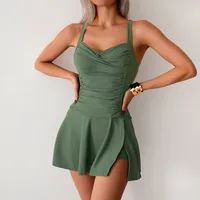 Women's Solid Color Pleated 2 Pieces Set Swimwear main image 4