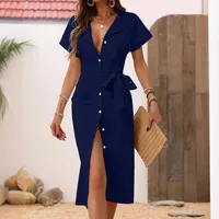 Women's Sheath Dress Casual Elegant V Neck Button Short Sleeve Solid Color Midi Dress Daily main image 5