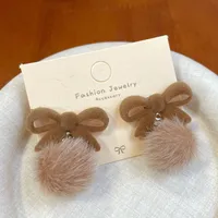 1 Pair Sweet Heart Shape Bow Knot Hairball Drop Earrings Ear Studs sku image 9