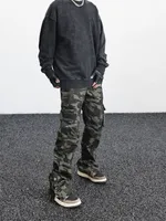 American High Street Retro Breasted Camouflage Workwear Jeans Men's Loose Street Slit Straight Bootleg Pants main image 1
