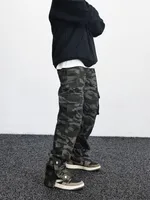 American High Street Retro Breasted Camouflage Workwear Jeans Men's Loose Street Slit Straight Bootleg Pants main image 4