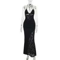 Women's Sheath Dress Sexy Halter Neck Lace Sleeveless Solid Color Maxi Long Dress Party Cocktail Party sku image 1