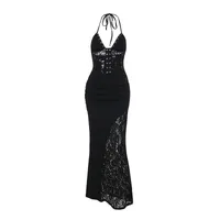 Women's Sheath Dress Sexy Halter Neck Lace Sleeveless Solid Color Maxi Long Dress Party Cocktail Party main image 5
