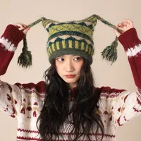 Yabi Style Handmade Cute Five-star Cat Ears Striped Devil Warm Pullover Hat Knitted Ball Wool Hat For Women sku image 6