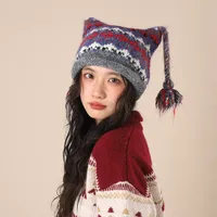 Yabi Style Handmade Cute Five-star Cat Ears Striped Devil Warm Pullover Hat Knitted Ball Wool Hat For Women sku image 10