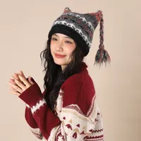 Yabi Style Handmade Cute Five-star Cat Ears Striped Devil Warm Pullover Hat Knitted Ball Wool Hat For Women sku image 5