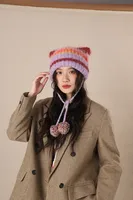 Yabi Style Handmade Cute Five-star Cat Ears Striped Devil Warm Pullover Hat Knitted Ball Wool Hat For Women sku image 8