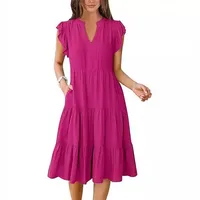 Women's Patchwork Skirt Casual Elegant Streetwear V Neck Pocket Short Sleeve Solid Color Midi Dress Holiday Daily Selfie main image 2