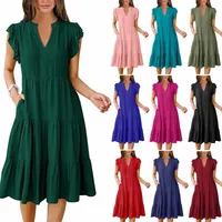 Women's Patchwork Skirt Casual Elegant Streetwear V Neck Pocket Short Sleeve Solid Color Midi Dress Holiday Daily Selfie main image 1