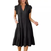 Women's Patchwork Skirt Casual Elegant Streetwear V Neck Pocket Short Sleeve Solid Color Midi Dress Holiday Daily Selfie main image 3