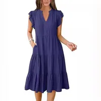 Women's Patchwork Skirt Casual Elegant Streetwear V Neck Pocket Short Sleeve Solid Color Midi Dress Holiday Daily Selfie main image 5
