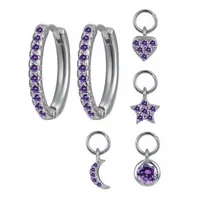 S925 Silver Needle Four Small Pendants Moon Star Cross Bead Hoop Set Earrings sku image 19