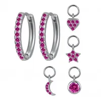 S925 Silver Needle Four Small Pendants Moon Star Cross Bead Hoop Set Earrings sku image 18