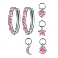 S925 Silver Needle Four Small Pendants Moon Star Cross Bead Hoop Set Earrings sku image 17