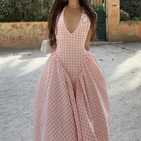 Elegant French Style V-neck Dress Spring New Sleeveless High Waist Print A- Line Skirt Ladies Fashion Halter main image 2