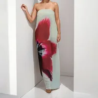 Spring New European Style Printed Halter High Waist Long Dress Elegant Commuter Solid Color Design Sleeveless Ankle Length main image 2