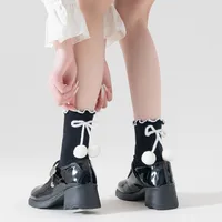 Women's Sweet Color Block Cotton Pom Poms Crew Socks 1 Piece main image 2