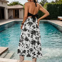 Women's A- Line Skirt Elegant Simple Style Streetwear Halter Neck Hollow Out Sleeveless Flower Midi Dress Holiday Daily Selfie main image 4