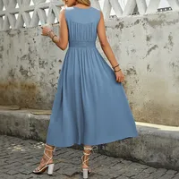 Women's Swing Dress Casual Elegant Streetwear V Neck Button Sleeveless Solid Color Midi Dress Holiday Daily Selfie main image 2