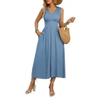 Women's Swing Dress Casual Elegant Streetwear V Neck Button Sleeveless Solid Color Midi Dress Holiday Daily Selfie main image 5