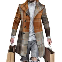 Adults Men's  Solid Color Single Breasted CoatMen's 3D Digital Print Wool Blend Checkered Overcoat With Lapel Collar, Autumn Winter Warm Thick Tweed Coat main image 2
