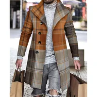 Adults Men's  Solid Color Single Breasted CoatMen's 3D Digital Print Wool Blend Checkered Overcoat With Lapel Collar, Autumn Winter Warm Thick Tweed Coat main image 5