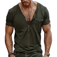 Men's Summer Casual Short Sleeve Henley V - Neck Pocket T - Shirt, Slim Fit Big Size Comfortable Cotton Top main image 2