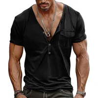 Men's Summer Casual Short Sleeve Henley V - Neck Pocket T - Shirt, Slim Fit Big Size Comfortable Cotton Top main image 3