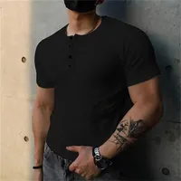 Men's Heavyweight 230gsm Ribbed Cotton Henley T-Shirt - Vintage Solid Color Summer Short Sleeve Fitness Top sku image 9