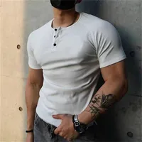 Men's Heavyweight 230gsm Ribbed Cotton Henley T-Shirt - Vintage Solid Color Summer Short Sleeve Fitness Top sku image 2