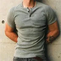 Men's Heavyweight 230gsm Ribbed Cotton Henley T-Shirt - Vintage Solid Color Summer Short Sleeve Fitness Top sku image 13