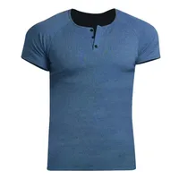 Men's Heavyweight 230gsm Ribbed Cotton Henley T-Shirt - Vintage Solid Color Summer Short Sleeve Fitness Top sku image 21