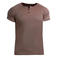 Men's Heavyweight 230gsm Ribbed Cotton Henley T-Shirt - Vintage Solid Color Summer Short Sleeve Fitness Top sku image 22