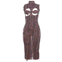 Women's Sheath Dress Sexy Turtleneck Hollow Out Backless Sleeveless Color Block Midi Dress Casual Holiday Party sku image 5