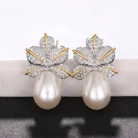 1 Pair Elegant Classic Style Leaf Copper Imitation Pearl Zircon Ear Studs main image 4