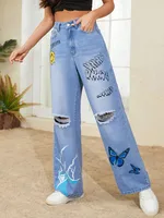 Women's Holiday Selfie Casual Cute Streetwear Smiley Face Butterfly Full Length Jeans main image 3