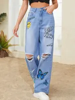 Women's Holiday Selfie Casual Cute Streetwear Smiley Face Butterfly Full Length Jeans main image 4
