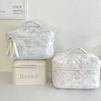 Navy Floral Makeup Bag Large Capacity Cute Portable Cotton Quilted Cosmetic Storage Bag Soft Wash Bag main image 1