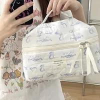 Navy Floral Makeup Bag Large Capacity Cute Portable Cotton Quilted Cosmetic Storage Bag Soft Wash Bag main image 2