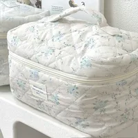 Navy Floral Makeup Bag Large Capacity Cute Portable Cotton Quilted Cosmetic Storage Bag Soft Wash Bag sku image 3