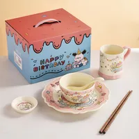 Cute Cartoon Ceramics Plate Bowl Mug 1 Set sku image 1
